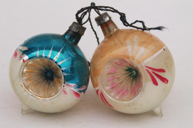 photo of vintage antique glass Christmas tree ornaments, shabby worn fancy window balls, bell, flower #10