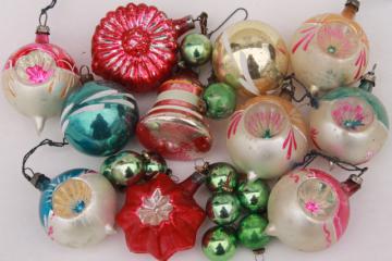 catalog photo of vintage antique glass Christmas tree ornaments, shabby worn fancy window balls, bell, flower