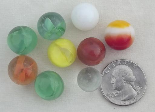 photo of vintage / antique glass marbles lot, many large shooters & red bakelite marble #9