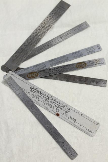 photo of vintage & antique measuring scales, 6 inch metal rules, old tool advertising rulers #1