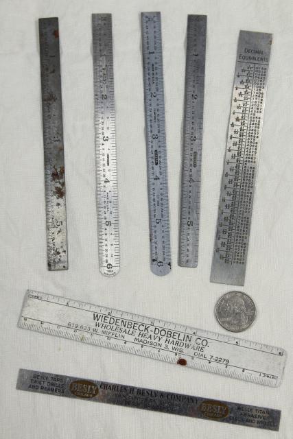 photo of vintage & antique measuring scales, 6 inch metal rules, old tool advertising rulers #3