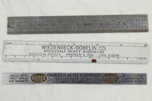 photo of vintage & antique measuring scales, 6 inch metal rules, old tool advertising rulers #4