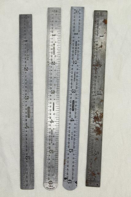 photo of vintage & antique measuring scales, 6 inch metal rules, old tool advertising rulers #7