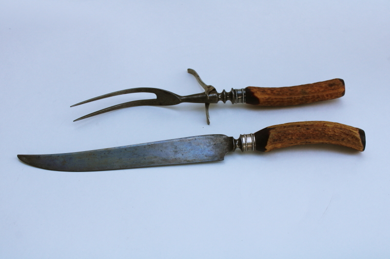 photo of vintage antler handles carving set fork & knife w/ Wyeth's blade, early 1900s antique cutlery #1