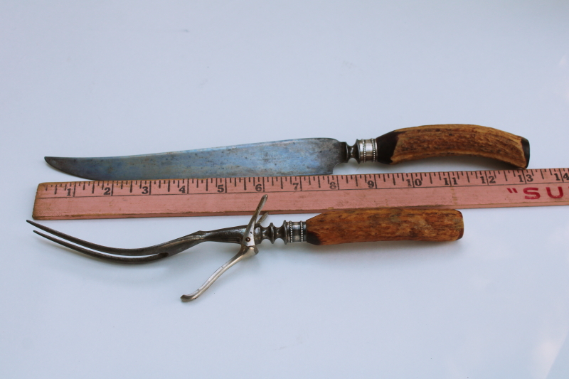 photo of vintage antler handles carving set fork & knife w/ Wyeth's blade, early 1900s antique cutlery  #4