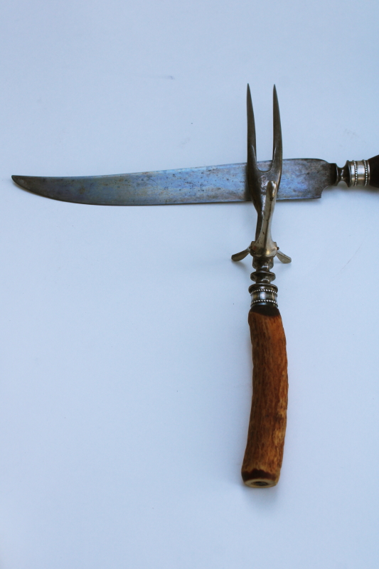 photo of vintage antler handles carving set fork & knife w/ Wyeth's blade, early 1900s antique cutlery  #5