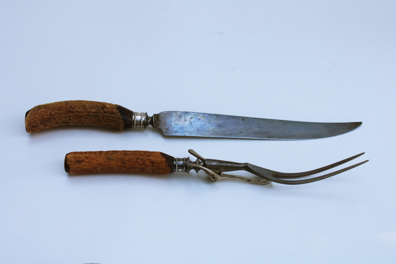 photo of vintage antler handles carving set fork & knife w/ Wyeth's blade, early 1900s antique cutlery  #6
