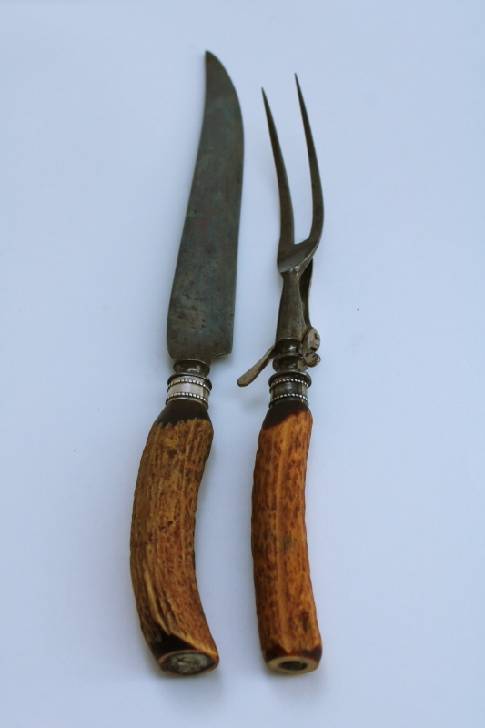 photo of vintage antler handles carving set fork & knife w/ Wyeth's blade, early 1900s antique cutlery  #8