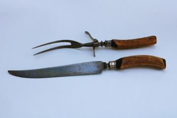 vintage antler handles carving set fork & knife w/ Wyeth's blade, early 1900s antique cutlery 