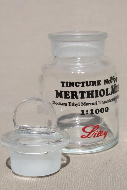 photo of vintage apothecary bottle w/ glass stopper, Tincture #99 Lilly merthiolate #2