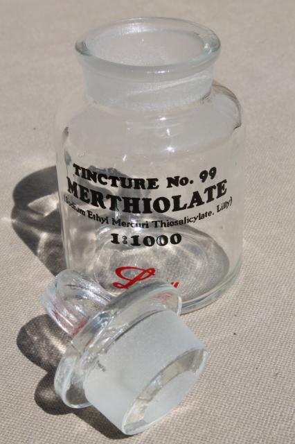 photo of vintage apothecary bottle w/ glass stopper, Tincture #99 Lilly merthiolate #6