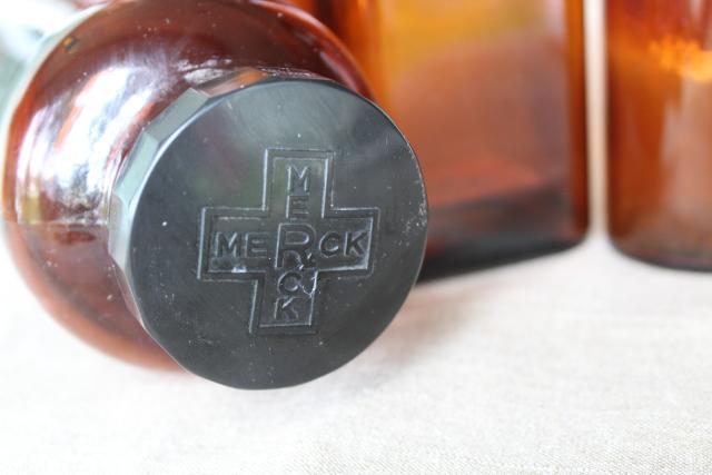 photo of vintage apothecary bottles & jars, industrial style decor, amber brown glass bottle lot #2