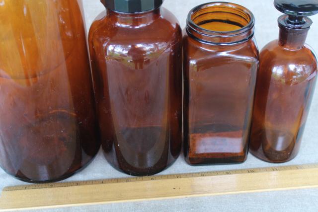 photo of vintage apothecary bottles & jars, industrial style decor, amber brown glass bottle lot #7