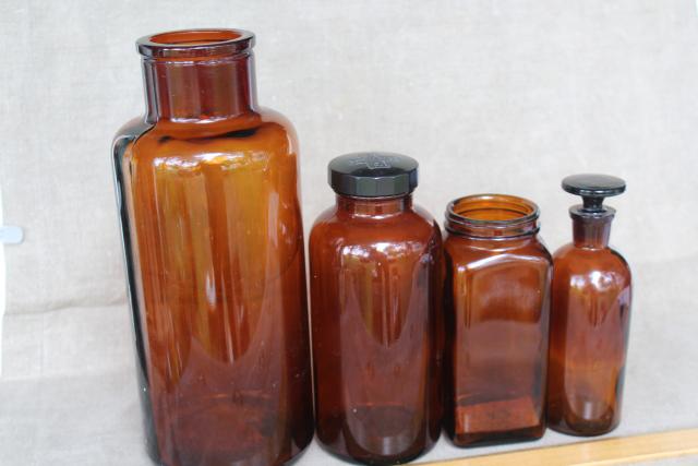 photo of vintage apothecary bottles & jars, industrial style decor, amber brown glass bottle lot #8