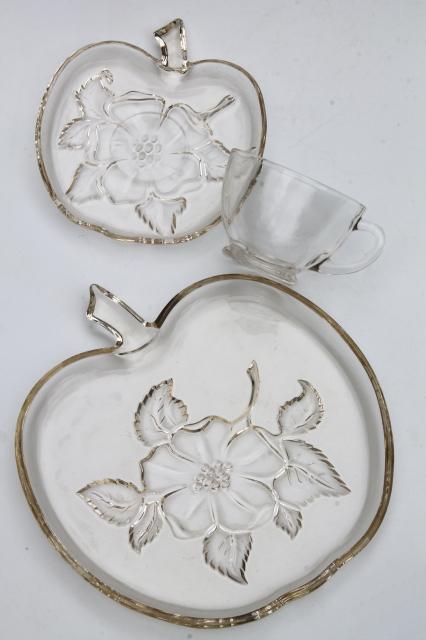 photo of vintage apple blossom glass luncheon / snack set dishes, apple shaped plates, tea cups & saucers #4