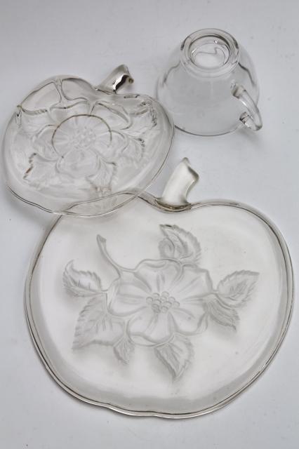 photo of vintage apple blossom glass luncheon / snack set dishes, apple shaped plates, tea cups & saucers #7