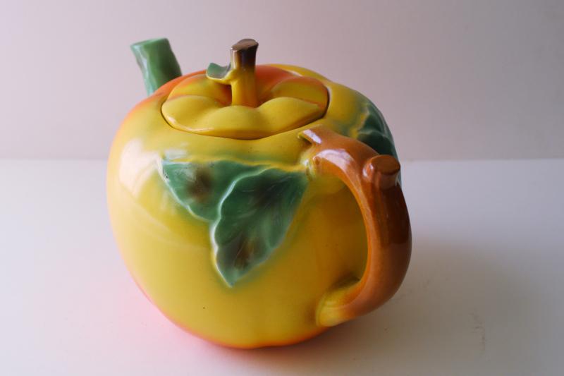 photo of vintage apple shaped china teapot, majolica style ceramic made in Japan #2