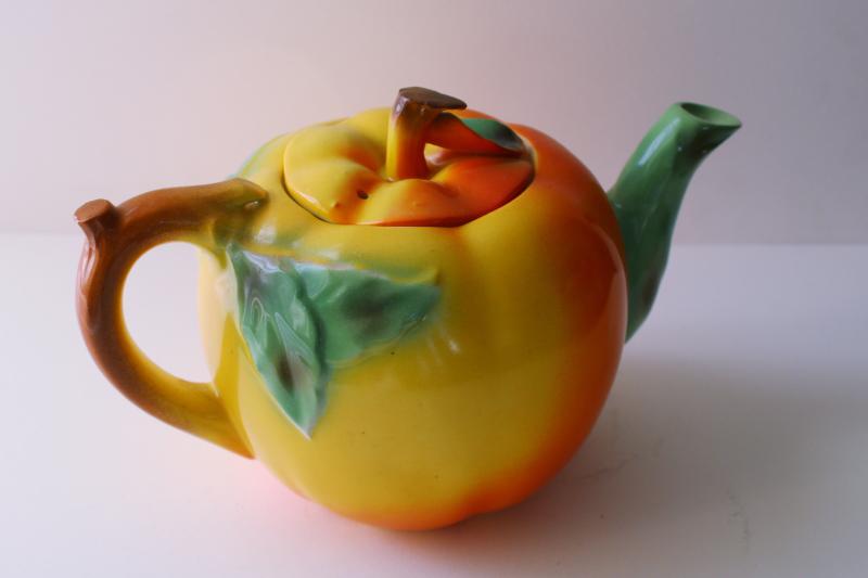photo of vintage apple shaped china teapot, majolica style ceramic made in Japan #3