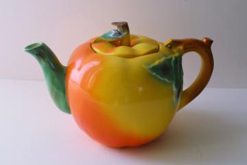 catalog photo of vintage apple shaped china teapot, majolica style ceramic made in Japan