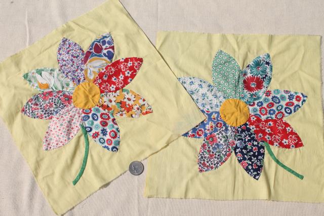 photo of vintage applique quilt blocks, 40s 50s cotton print fabric flowers, big daisies on yellow #4