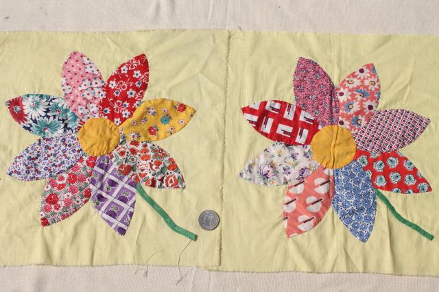 photo of vintage applique quilt blocks, 40s 50s cotton print fabric flowers, big daisies on yellow #5