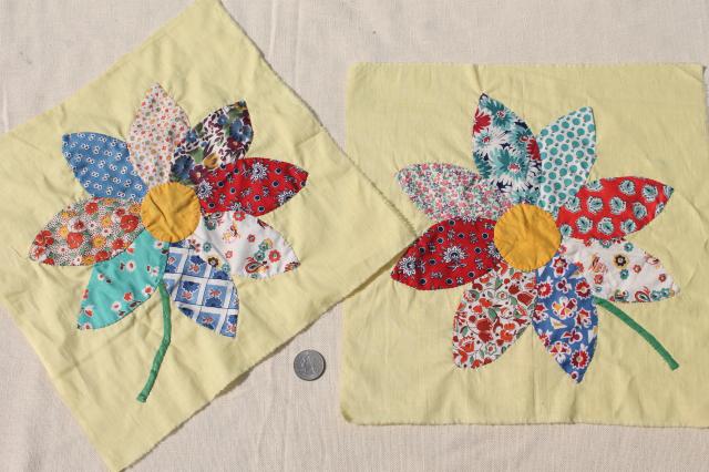 photo of vintage applique quilt blocks, 40s 50s cotton print fabric flowers, big daisies on yellow #7