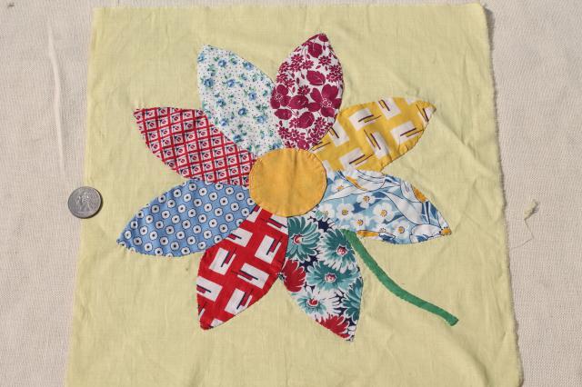 photo of vintage applique quilt blocks, 40s 50s cotton print fabric flowers, big daisies on yellow #8