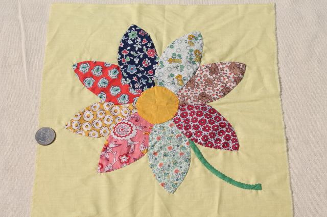 photo of vintage applique quilt blocks, 40s 50s cotton print fabric flowers, big daisies on yellow #10