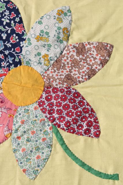 photo of vintage applique quilt blocks, 40s 50s cotton print fabric flowers, big daisies on yellow #11