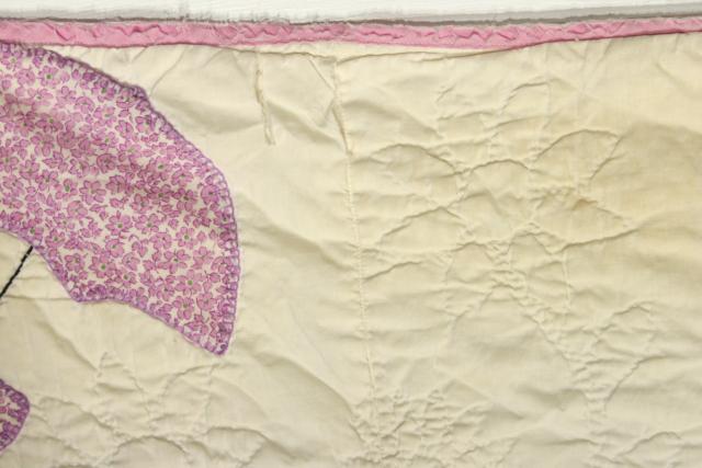 photo of vintage applique quilt, southern belle sunbonnet lady w/ parasol, lavender & white cotton #4