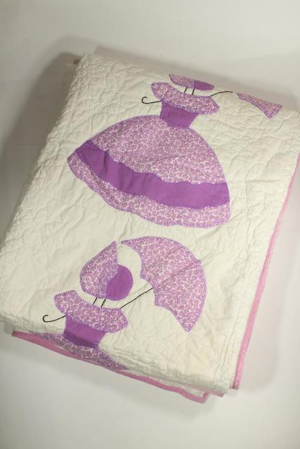 photo of vintage applique quilt, southern belle sunbonnet lady w/ parasol, lavender & white cotton #9