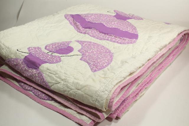 photo of vintage applique quilt, southern belle sunbonnet lady w/ parasol, lavender & white cotton #10