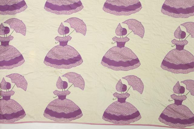 photo of vintage applique quilt, southern belle sunbonnet lady w/ parasol, lavender & white cotton #12