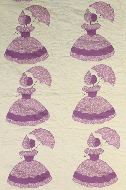 photo of vintage applique quilt, southern belle sunbonnet lady w/ parasol, lavender & white cotton #13