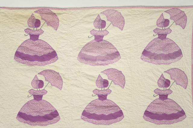 photo of vintage applique quilt, southern belle sunbonnet lady w/ parasol, lavender & white cotton #14