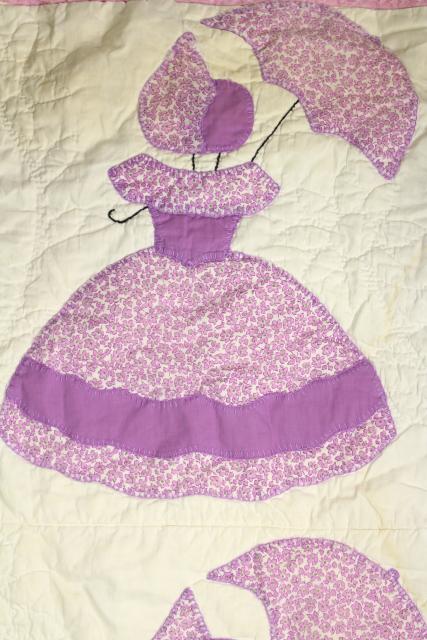 photo of vintage applique quilt, southern belle sunbonnet lady w/ parasol, lavender & white cotton #15