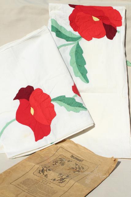 photo of vintage applique quilt top pieces, red poppy flower cotton blocks to upcycle or complete #1