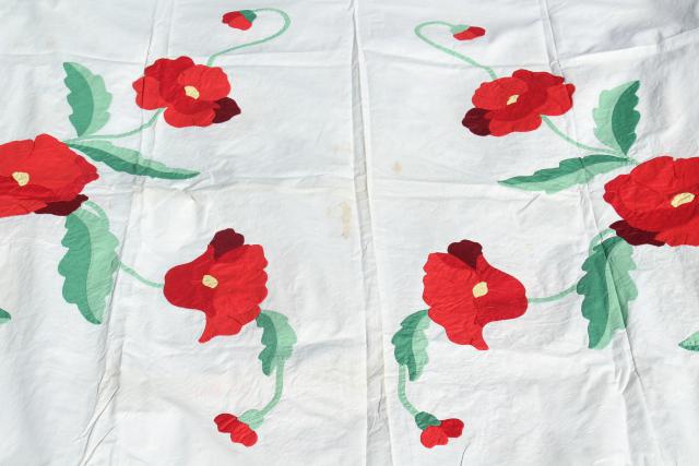 photo of vintage applique quilt top pieces, red poppy flower cotton blocks to upcycle or complete #2