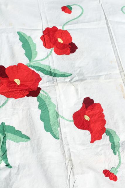 photo of vintage applique quilt top pieces, red poppy flower cotton blocks to upcycle or complete #3