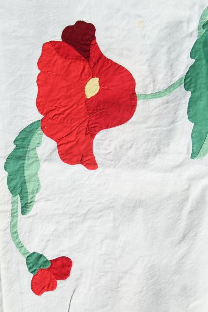 photo of vintage applique quilt top pieces, red poppy flower cotton blocks to upcycle or complete #4