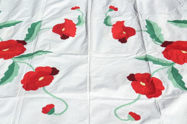 photo of vintage applique quilt top pieces, red poppy flower cotton blocks to upcycle or complete #5