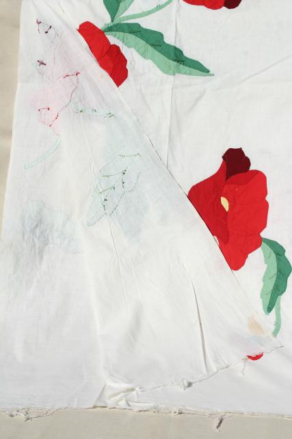 photo of vintage applique quilt top pieces, red poppy flower cotton blocks to upcycle or complete #7