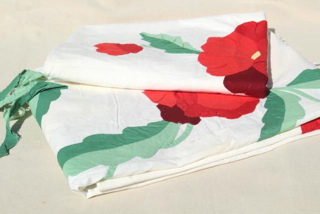 photo of vintage applique quilt top pieces, red poppy flower cotton blocks to upcycle or complete #8