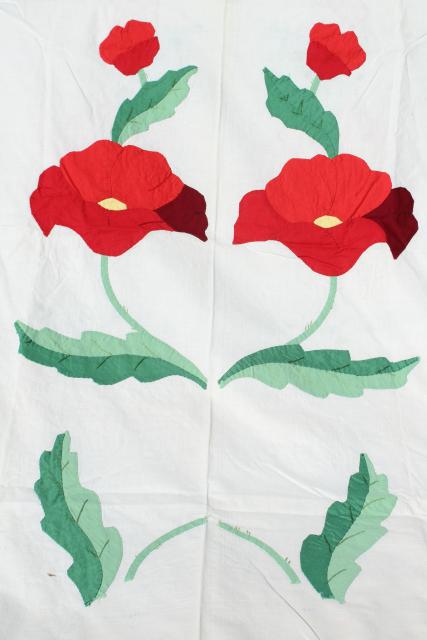 photo of vintage applique quilt top pieces, red poppy flower cotton blocks to upcycle or complete #11