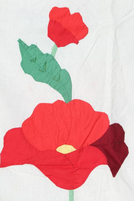 photo of vintage applique quilt top pieces, red poppy flower cotton blocks to upcycle or complete #12