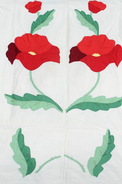 photo of vintage applique quilt top pieces, red poppy flower cotton blocks to upcycle or complete #15