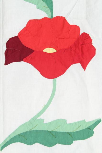 photo of vintage applique quilt top pieces, red poppy flower cotton blocks to upcycle or complete #16