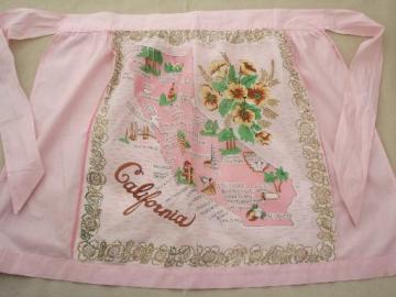 catalog photo of vintage apron w/ California map print hanky, retro 50s pretty pink apron 