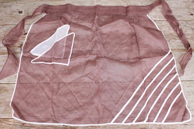 photo of vintage apron lot, brown calico gingham kitchen aprons all retro fabric #2