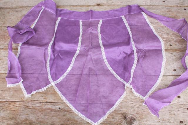 photo of vintage apron lot, kitchen aprons all retro fabric, pretty prints in aqua blue, lavender purple  #7